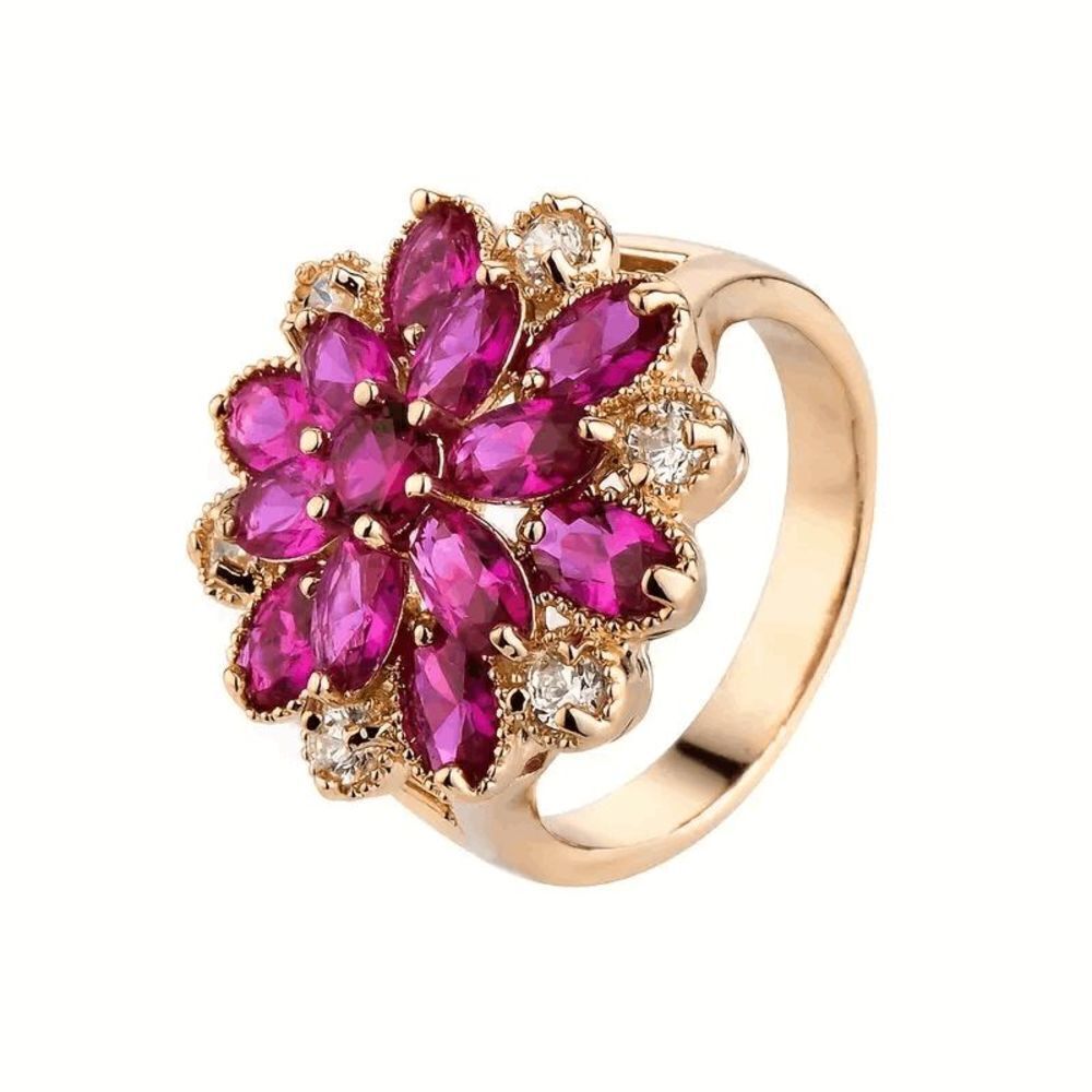 Ruby Rose Diamond Gold Flower Ring - Size 7 - Picture 2 of 8